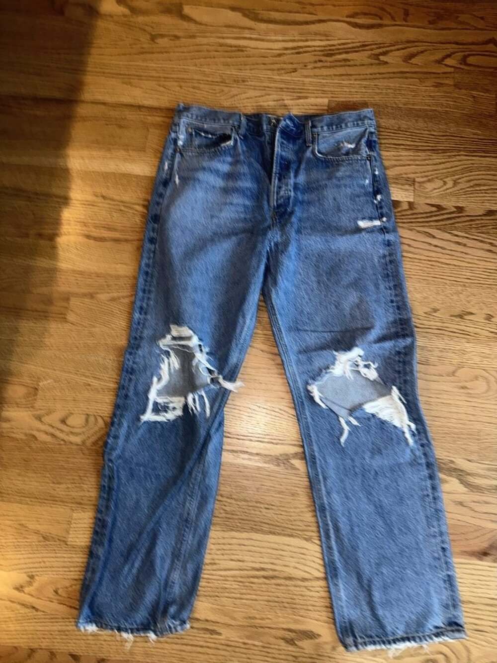 AGOLDE 90's Mid Rise Loose Fit Jeans in Fall Out Ripped Knee Size 31